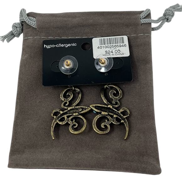 Chico’s Turquoise Lizard Drop Earrings – Bronze-Tone Scroll Design (Flaw) - Picture 4 of 4